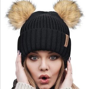 Winter Beanie Hats for Women Warm Knit Hats with Double Faux Fur Pom Poms